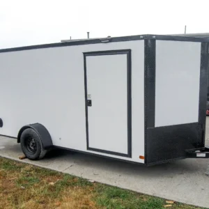 7x14 Enclosed Trailer White V-Nose Blackout Package 3,500lb Axle Storage